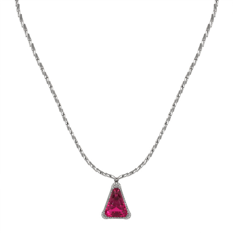 14.00 Ct. Pink Tourmaline and Natural Diamond Pave Necklace, 18K White Gold