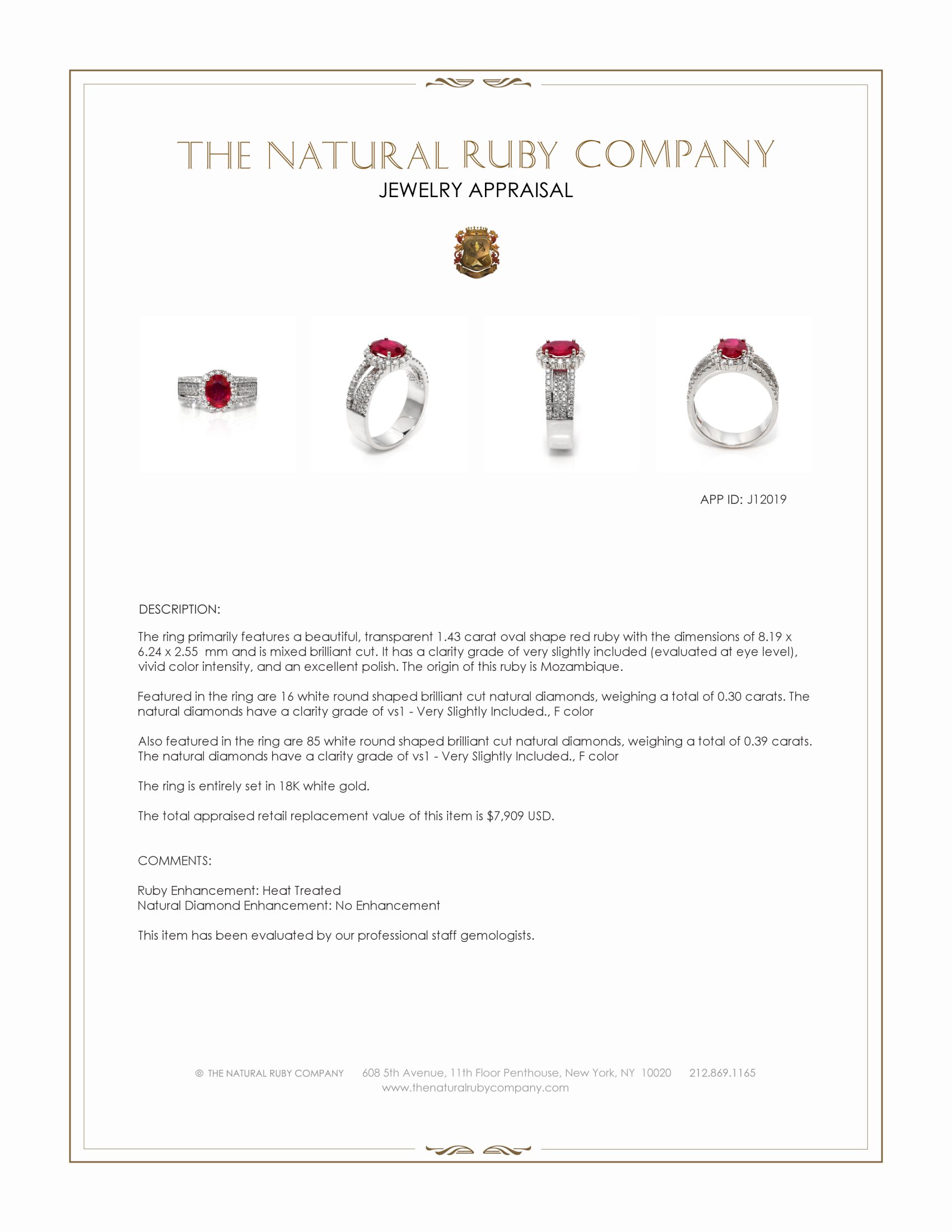 1.43 Ct. Ruby and Natural Diamond Pave Ring, 18K White Gold