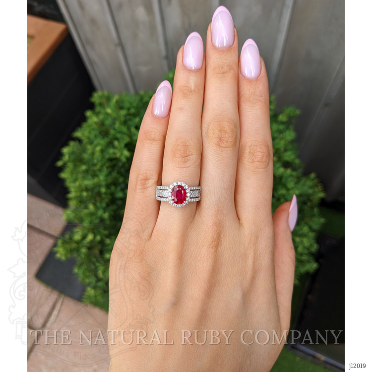 1.43 Ct. Ruby and Natural Diamond Pave Ring, 18K White Gold