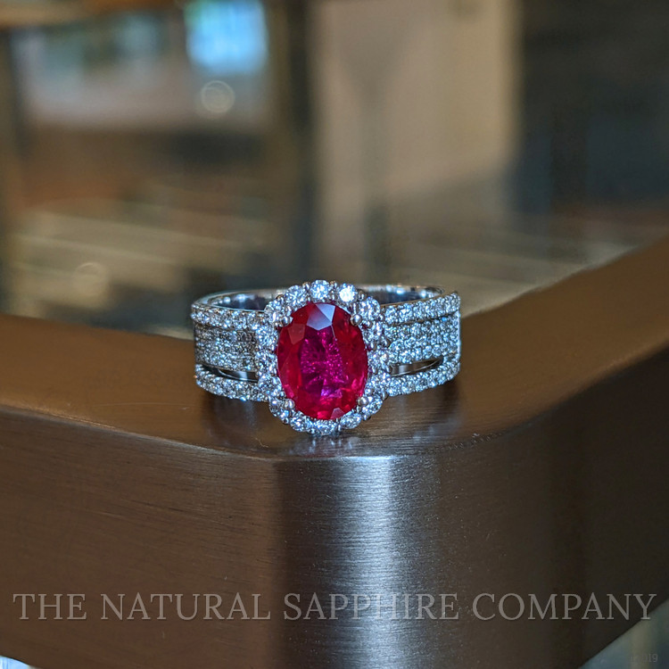 1.43 Ct. Ruby and Natural Diamond Pave Ring, 18K White Gold