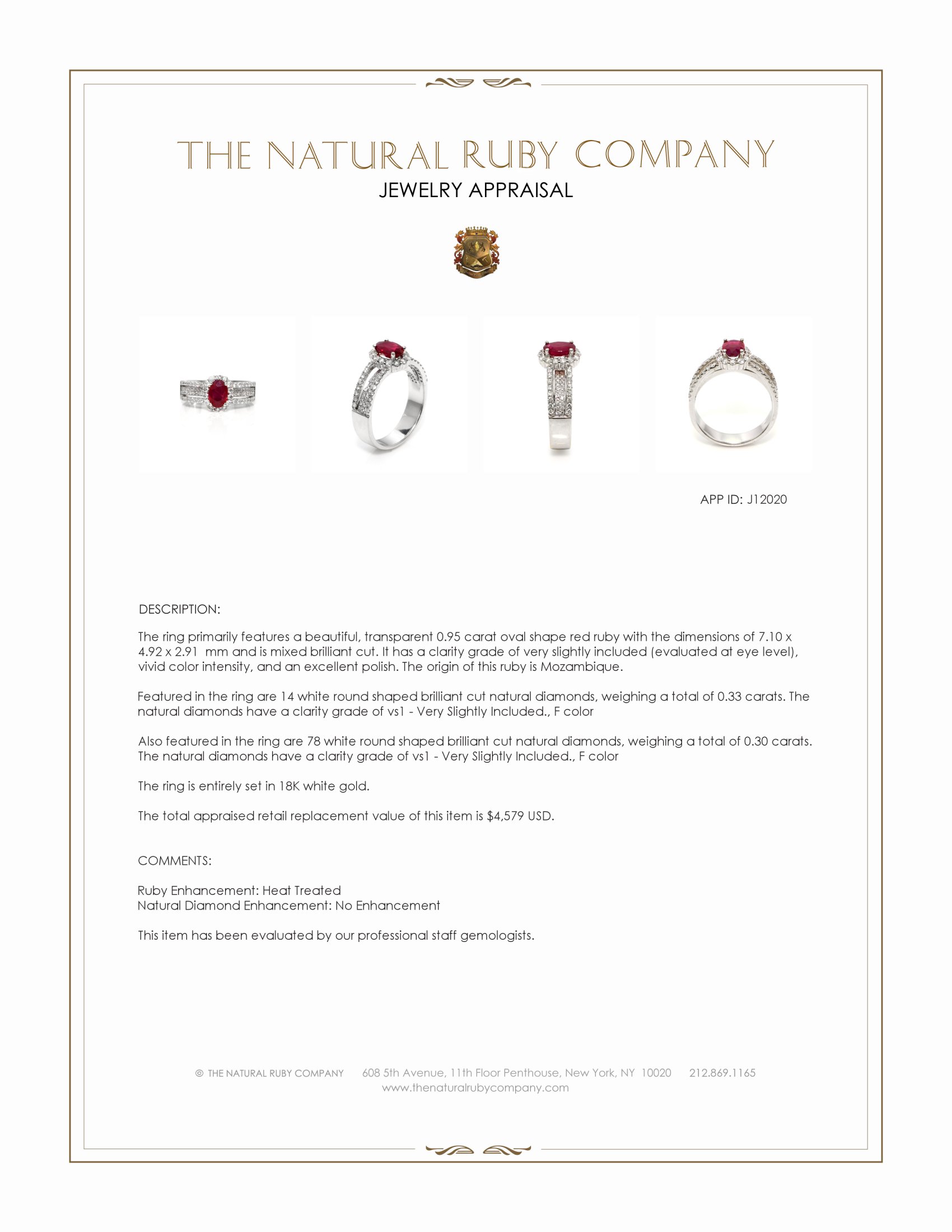 0.95 Ct. Ruby and Natural Diamond Pave Ring, 18K White Gold