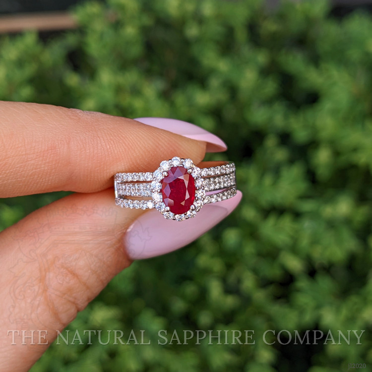 0.95 Ct. Ruby and Natural Diamond Pave Ring, 18K White Gold