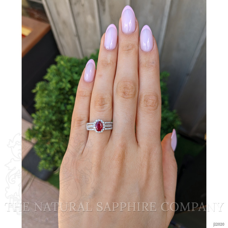0.95 Ct. Ruby and Natural Diamond Pave Ring, 18K White Gold