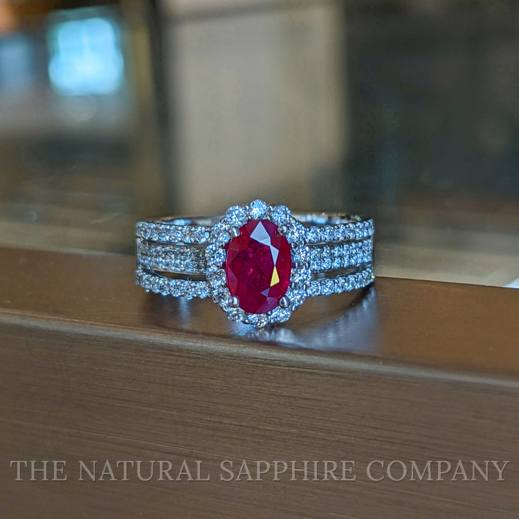 0.95 Ct. Ruby and Natural Diamond Pave Ring, 18K White Gold