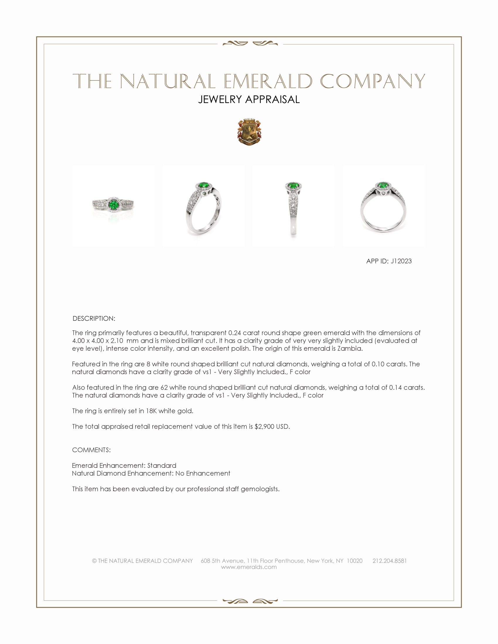 0.24 Ct. Emerald and Natural Diamond Pave Ring, 18K White Gold
