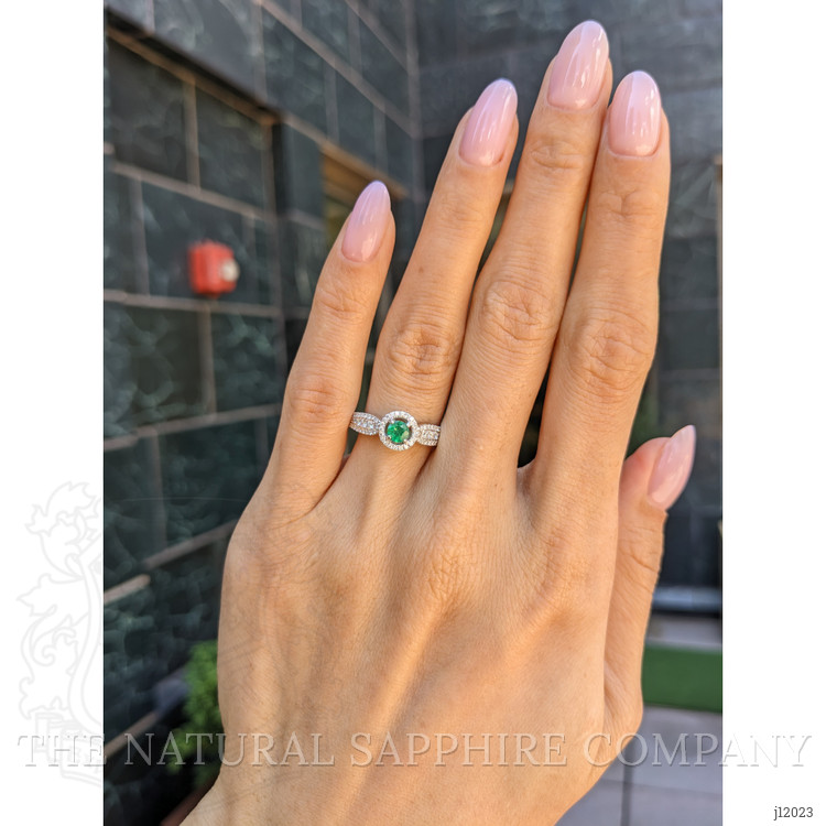 0.24 Ct. Emerald and Natural Diamond Pave Ring, 18K White Gold