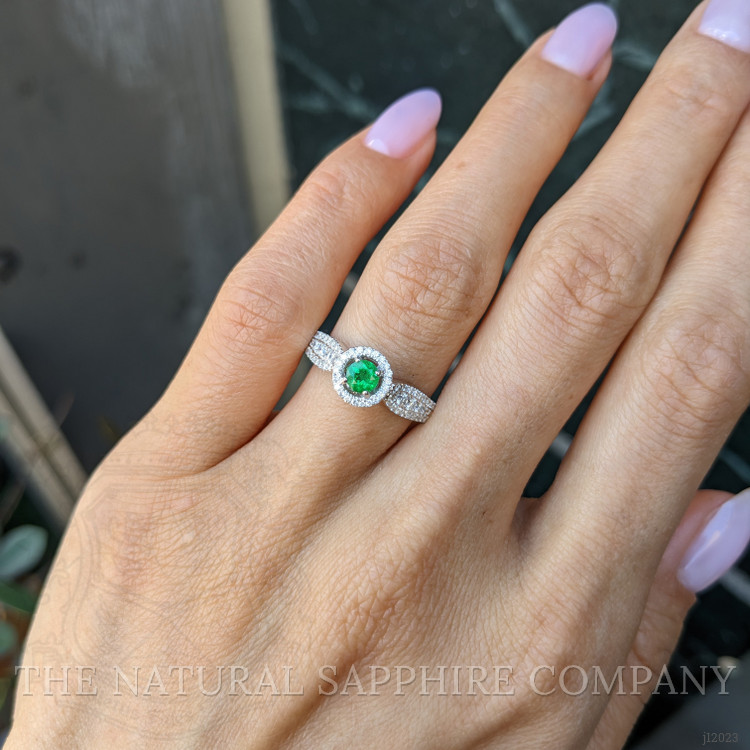0.24 Ct. Emerald and Natural Diamond Pave Ring, 18K White Gold
