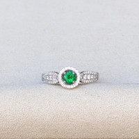 0.24 Ct. Emerald and Natural Diamond Pave Ring, 18K White Gold Life Style