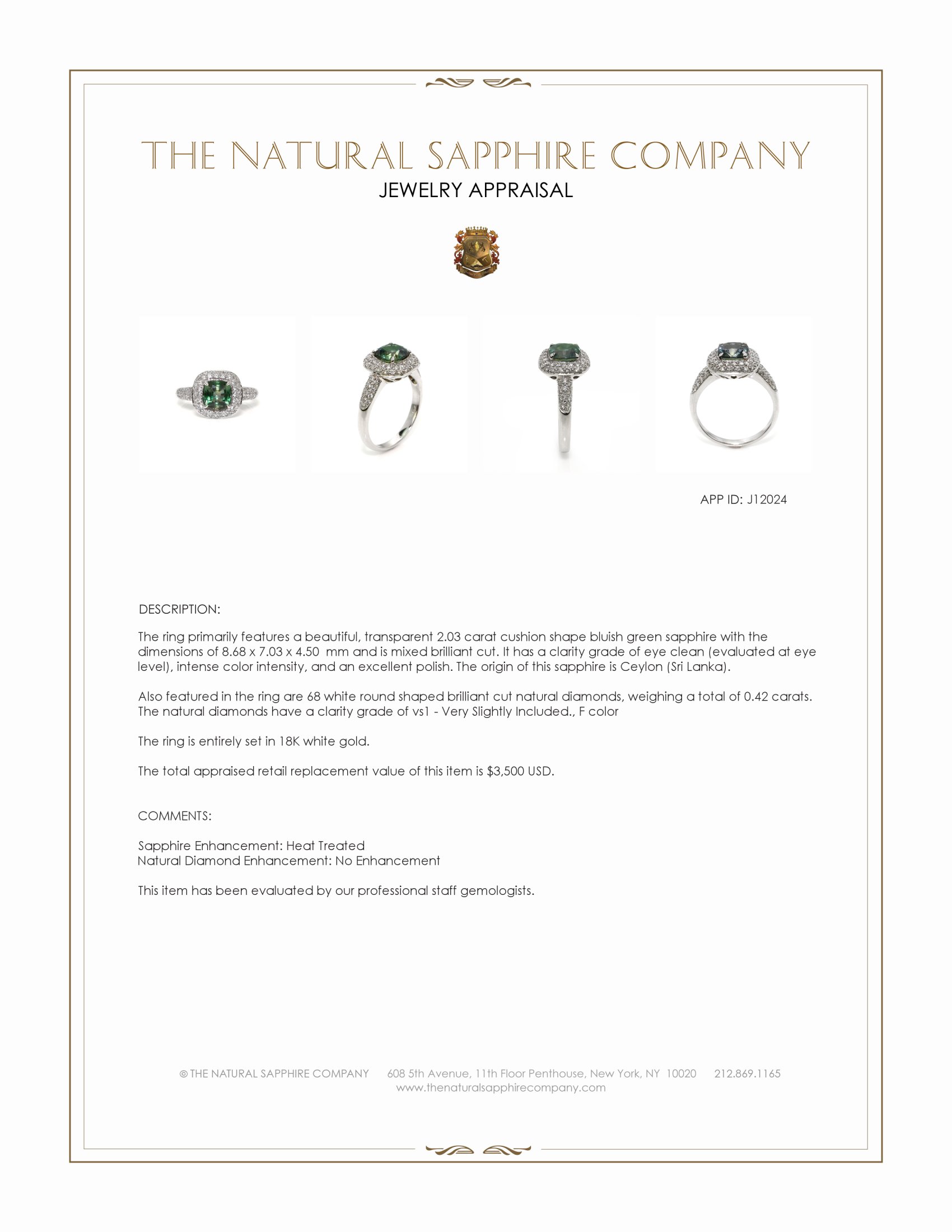 2.03 Ct. Bluish Green Sapphire and Natural Diamond Pave Ring, 18K White Gold