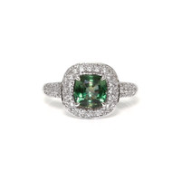 2.03 Ct. Bluish Green Sapphire and Natural Diamond Pave Ring, 18K White Gold Video