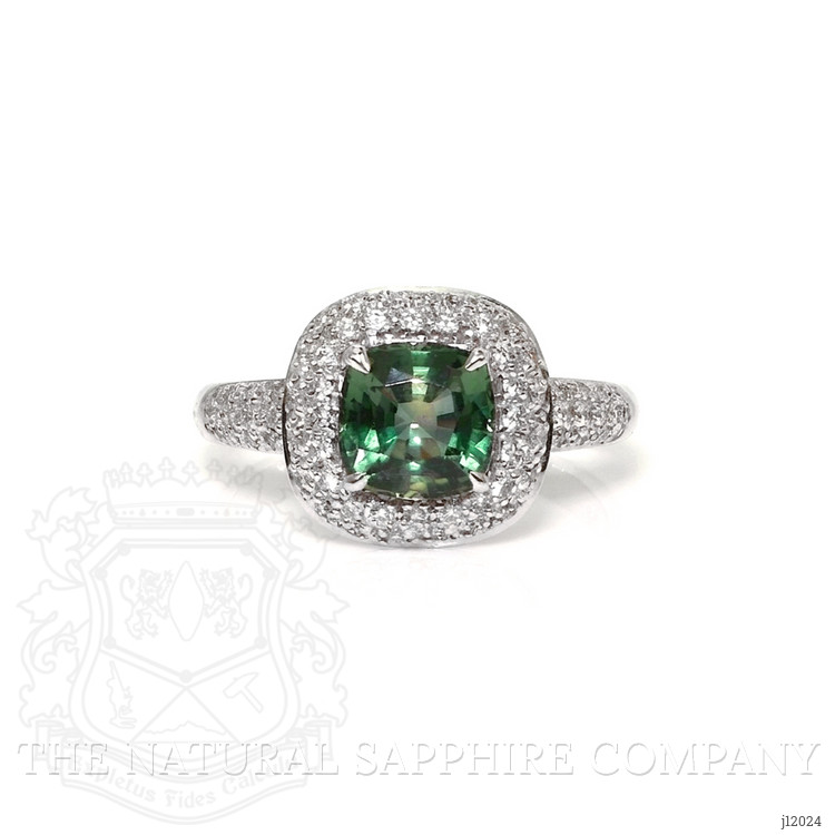 2.03 Ct. Bluish Green Sapphire and Natural Diamond Pave Ring, 18K White Gold
