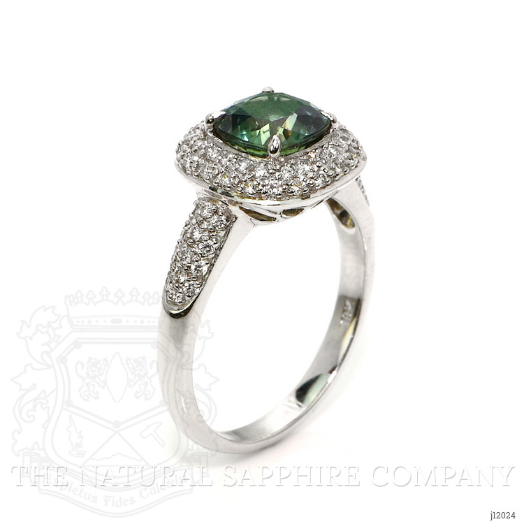 2.03 Ct. Bluish Green Sapphire and Natural Diamond Pave Ring, 18K White Gold