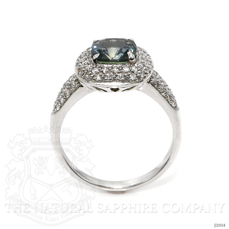 2.03 Ct. Bluish Green Sapphire and Natural Diamond Pave Ring, 18K White Gold