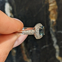 2.03 Ct. Bluish Green Sapphire and Natural Diamond Pave Ring, 18K White Gold Life Style