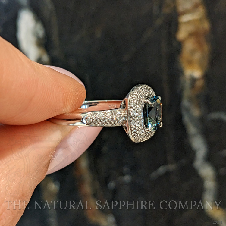 2.03 Ct. Bluish Green Sapphire and Natural Diamond Pave Ring, 18K White Gold
