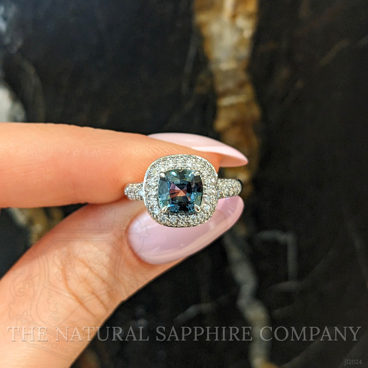 2.03 Ct. Bluish Green Sapphire and Natural Diamond Pave Ring, 18K White Gold
