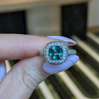 2.03 Ct. Bluish Green Sapphire and Natural Diamond Pave Ring, 18K White Gold Life Style