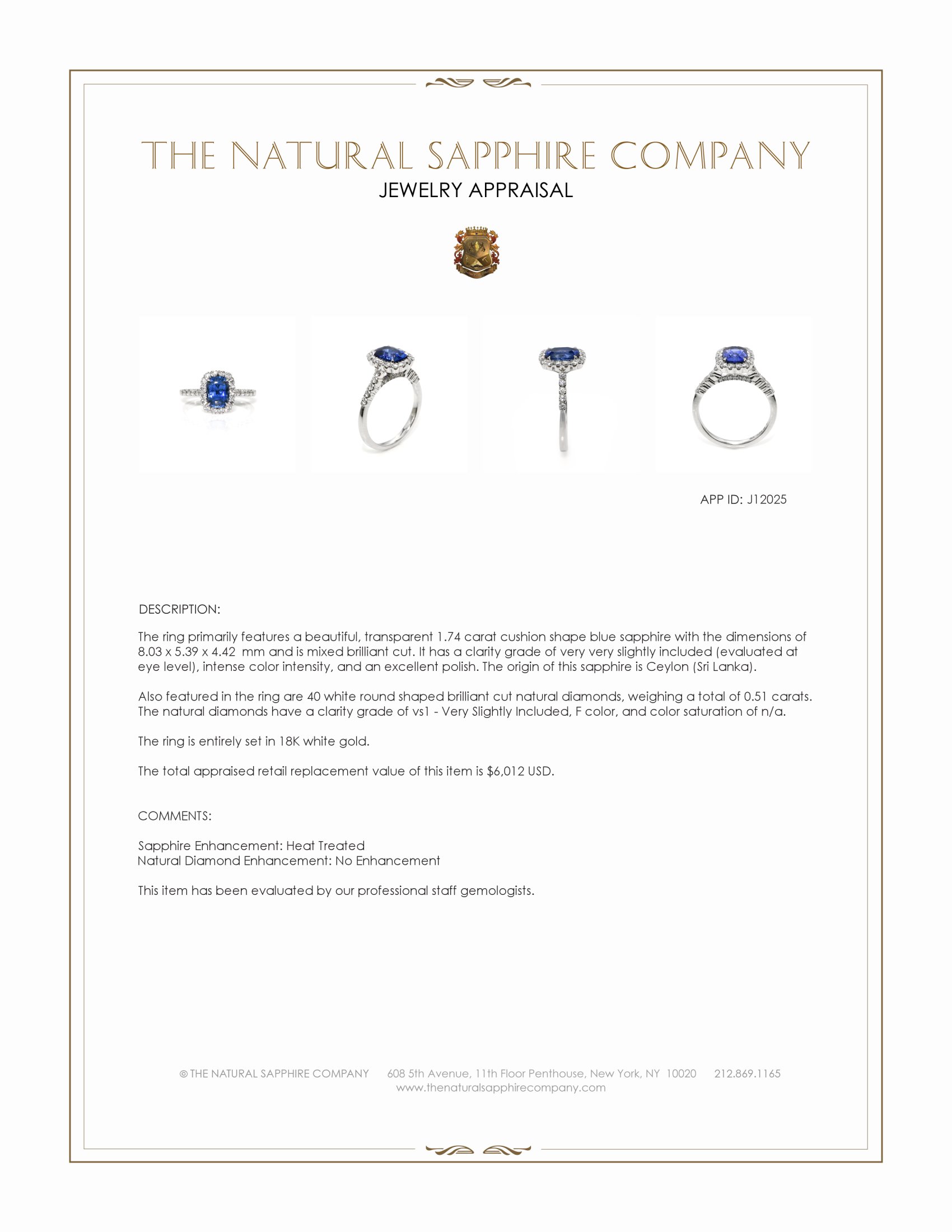 1.74 Ct. Blue Sapphire and Natural Diamond Pave Ring, 18K White Gold