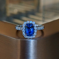 1.74 Ct. Blue Sapphire and Natural Diamond Pave Ring, 18K White Gold Life Style