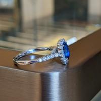 1.74 Ct. Blue Sapphire and Natural Diamond Pave Ring, 18K White Gold Life Style