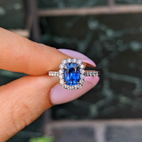 1.74 Ct. Blue Sapphire and Natural Diamond Pave Ring, 18K White Gold Life Style