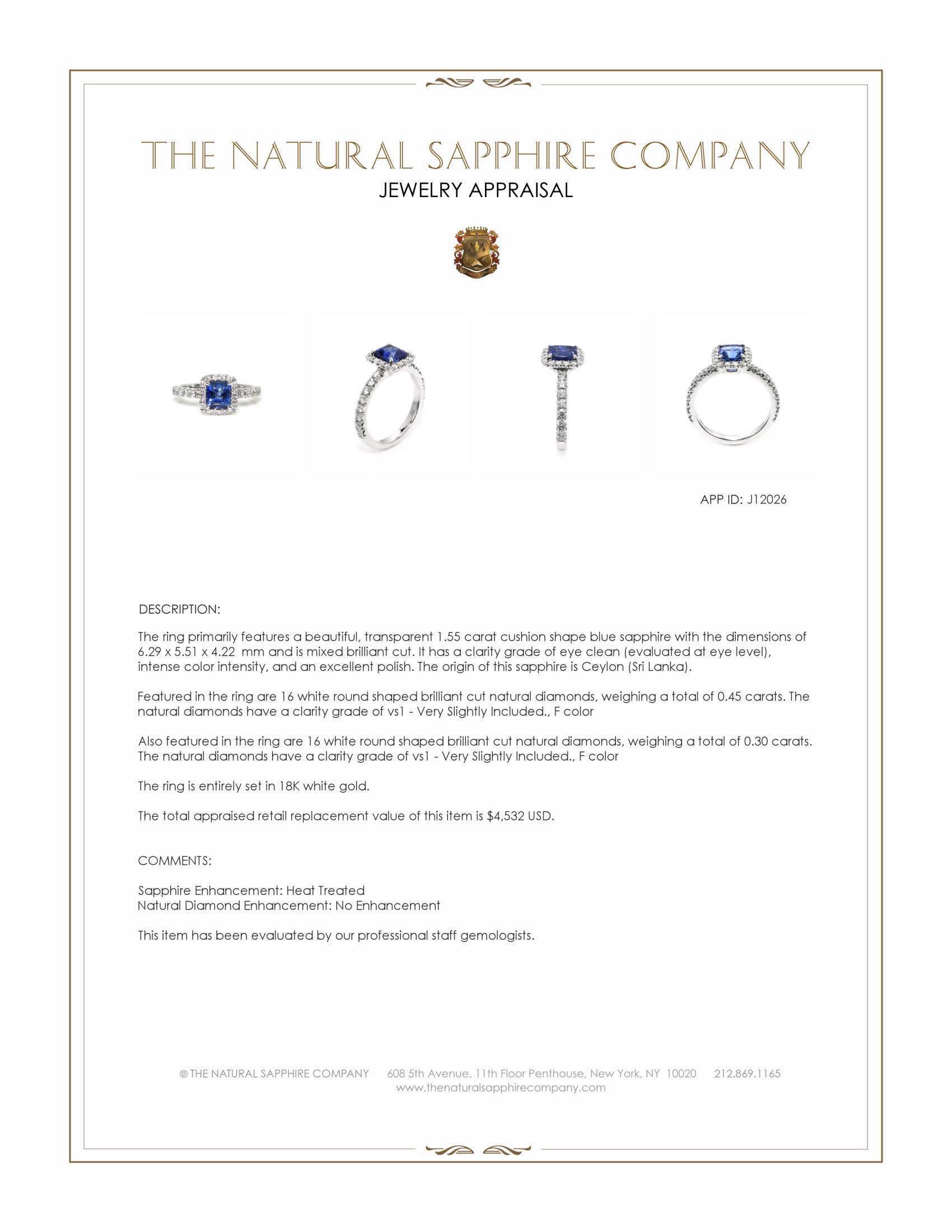 1.55 Ct. Blue Sapphire and Natural Diamond Pave Ring, 18K White Gold