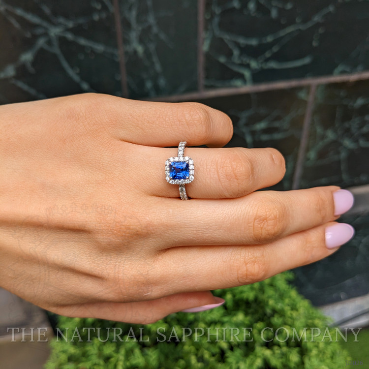 1.55 Ct. Blue Sapphire and Natural Diamond Pave Ring, 18K White Gold