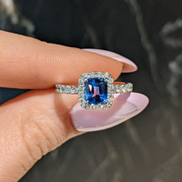 1.55 Ct. Blue Sapphire and Natural Diamond Pave Ring, 18K White Gold Life Style