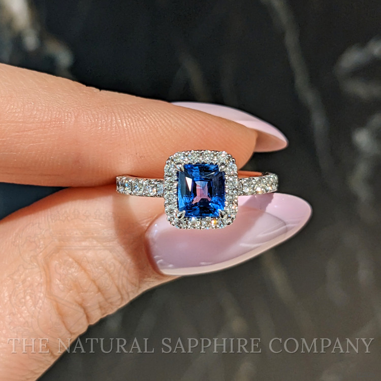 1.55 Ct. Blue Sapphire and Natural Diamond Pave Ring, 18K White Gold