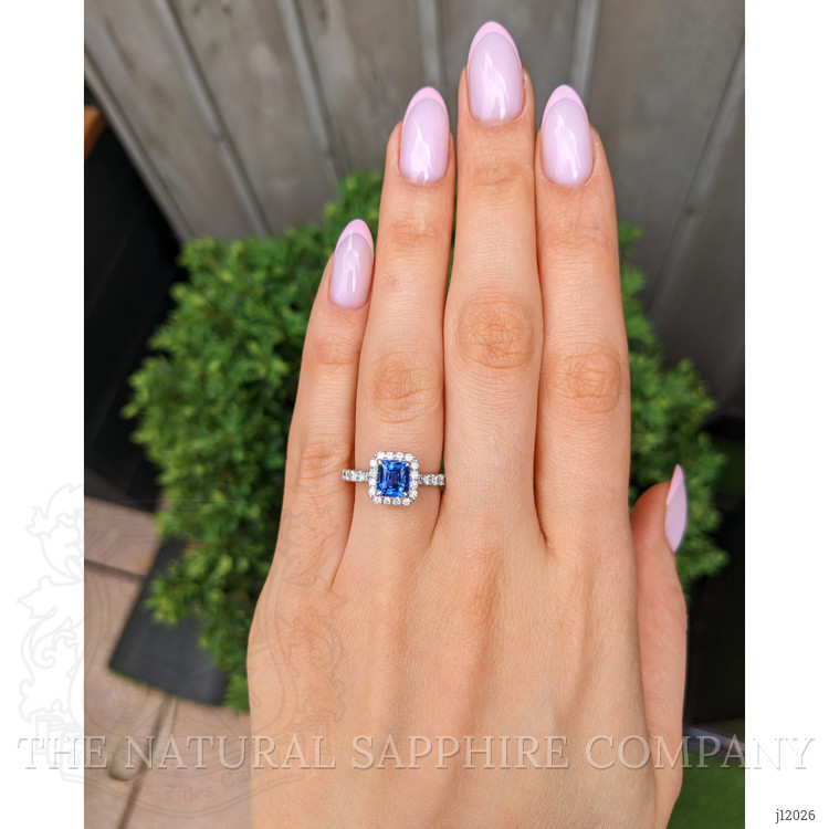 1.55 Ct. Blue Sapphire and Natural Diamond Pave Ring, 18K White Gold