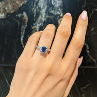 1.55 Ct. Blue Sapphire and Natural Diamond Pave Ring, 18K White Gold Life Style