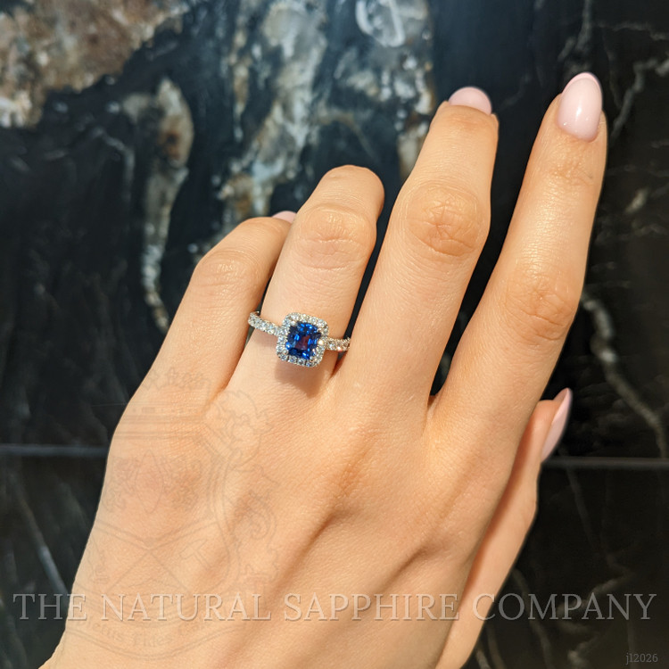 1.55 Ct. Blue Sapphire and Natural Diamond Pave Ring, 18K White Gold