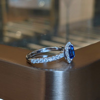 1.55 Ct. Blue Sapphire and Natural Diamond Pave Ring, 18K White Gold Life Style