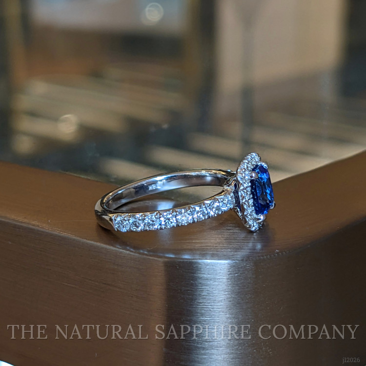 1.55 Ct. Blue Sapphire and Natural Diamond Pave Ring, 18K White Gold