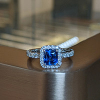 1.55 Ct. Blue Sapphire and Natural Diamond Pave Ring, 18K White Gold Life Style