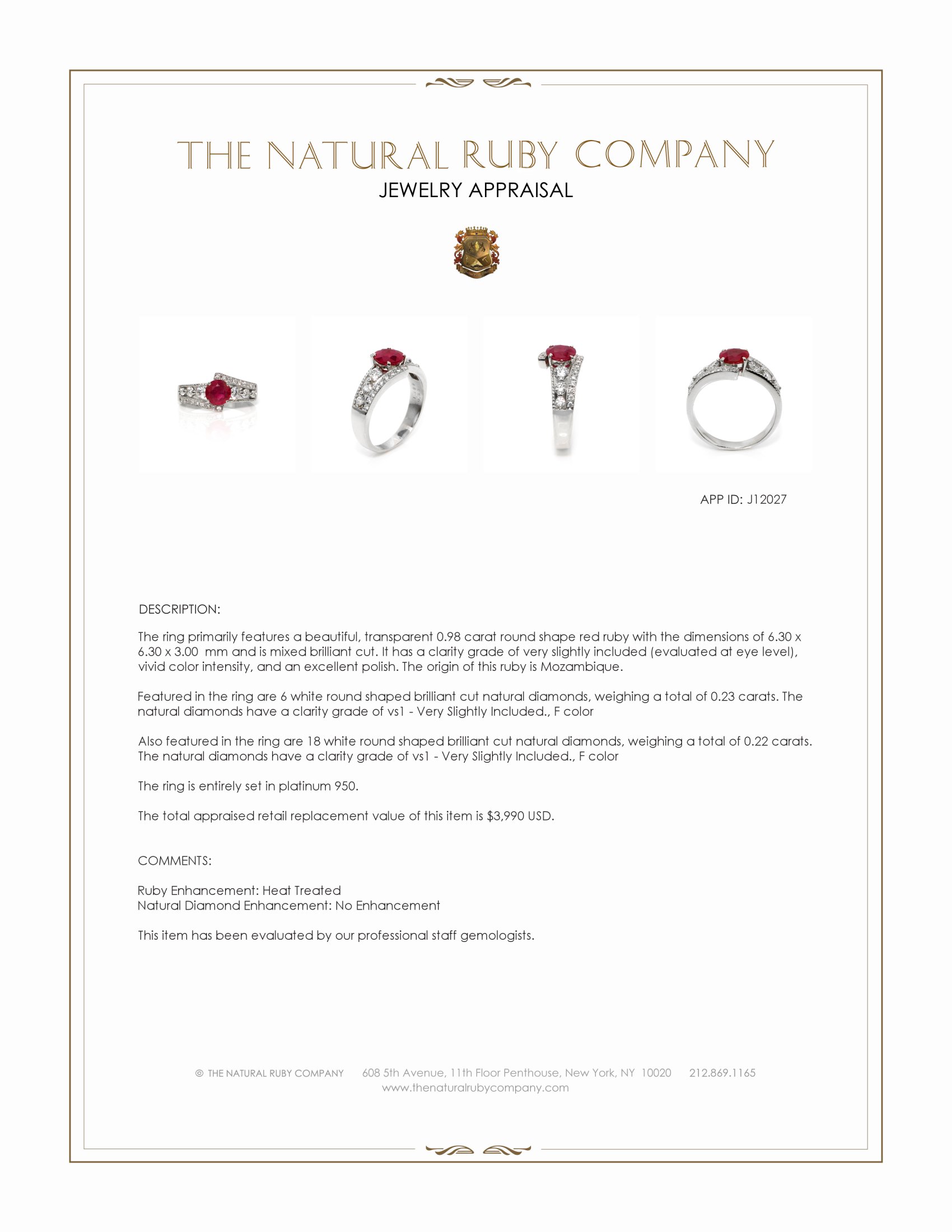 0.98 Ct. Ruby and Natural Diamond Pave Ring, Platinum 950