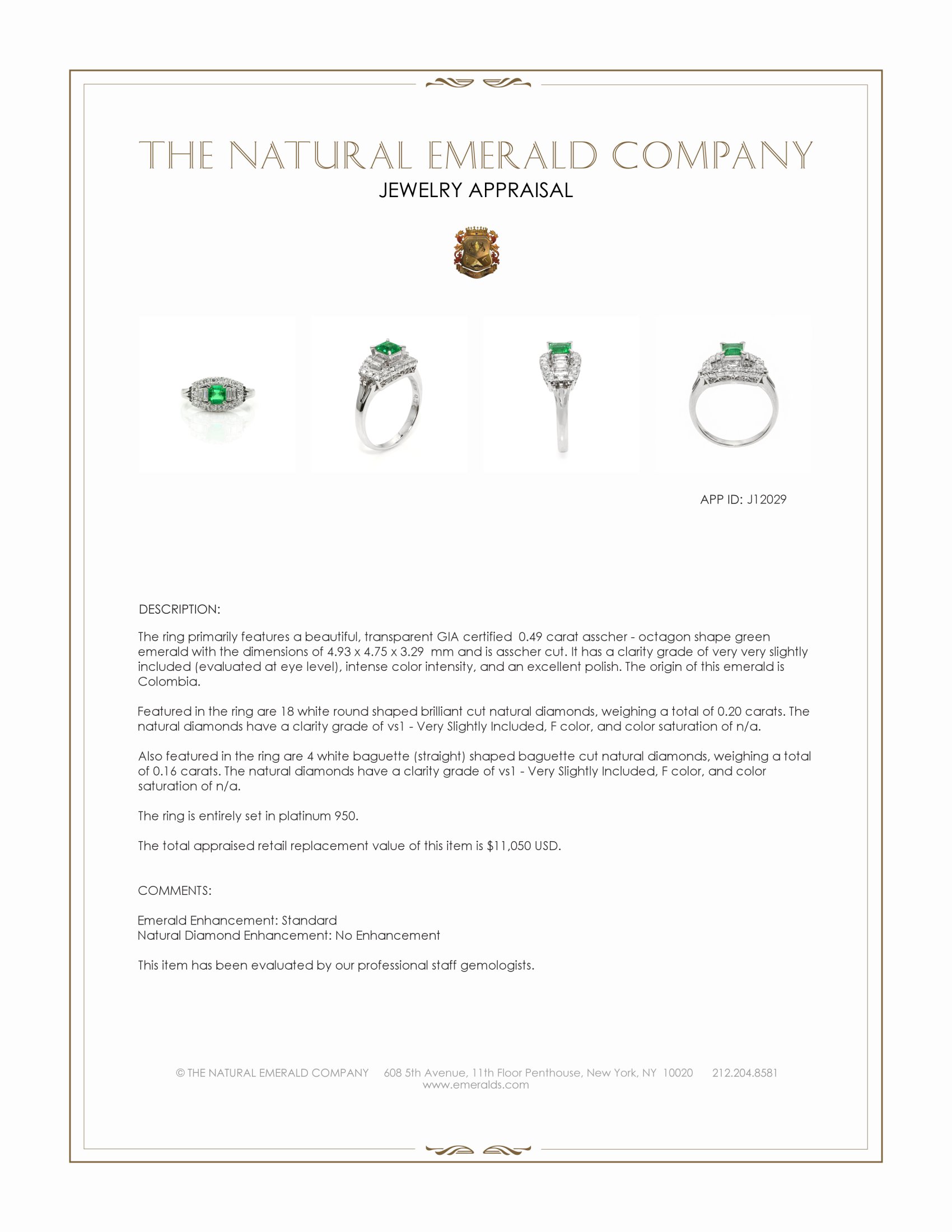 0.49 Ct. Emerald and Natural Diamond Pave Ring, Platinum 950
