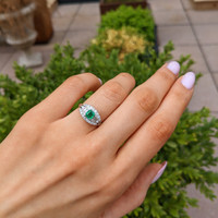 0.49 Ct. Emerald and Natural Diamond Pave Ring, Platinum 950 Life Style