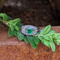 0.49 Ct. Emerald and Natural Diamond Pave Ring, Platinum 950 Life Style