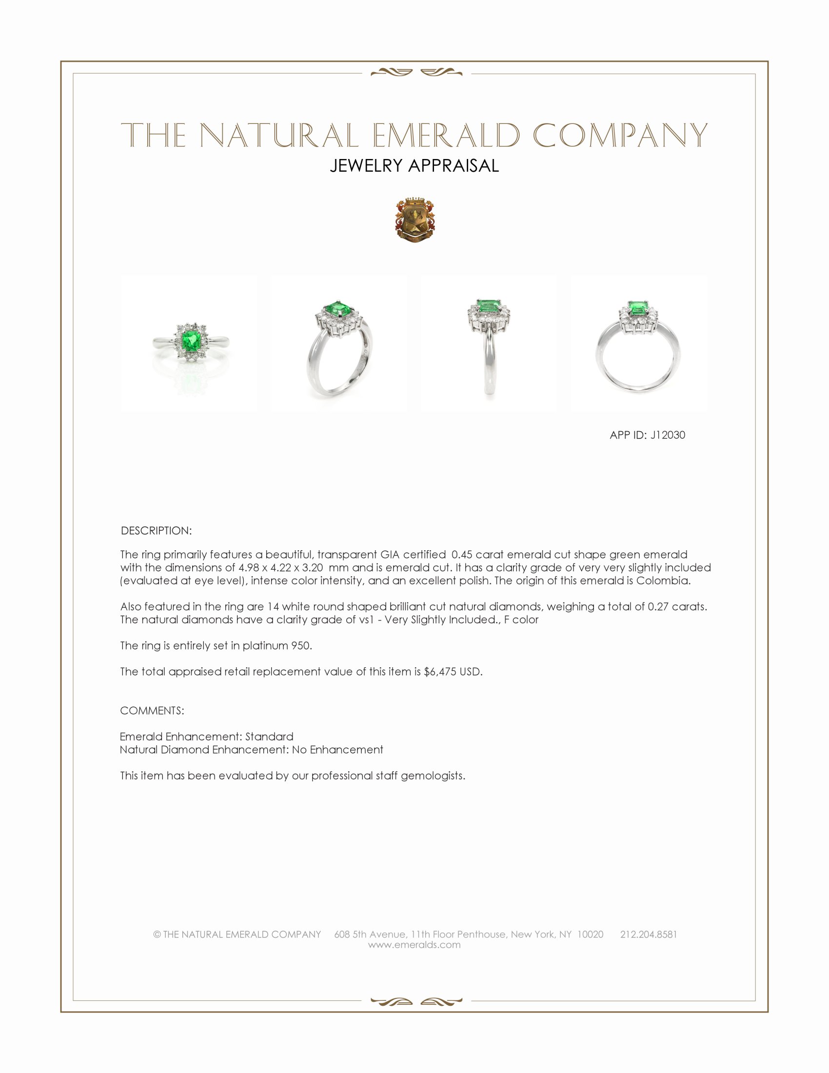 0.45 Ct. Emerald and Natural Diamond Pave Ring, Platinum 950