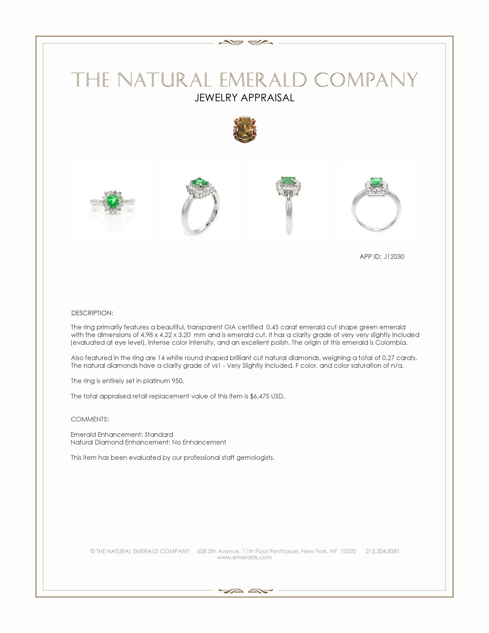 0.45 Ct. Emerald and Natural Diamond Halo Ring, Platinum 950