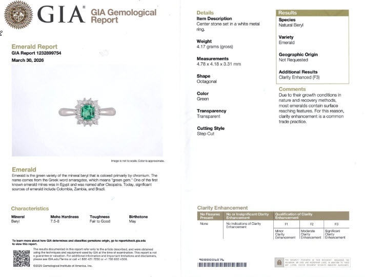 0.45 Ct. Emerald and Natural Diamond Pave Ring, Platinum 950
