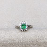 0.45 Ct. Emerald and Natural Diamond Pave Ring, Platinum 950 Life Style