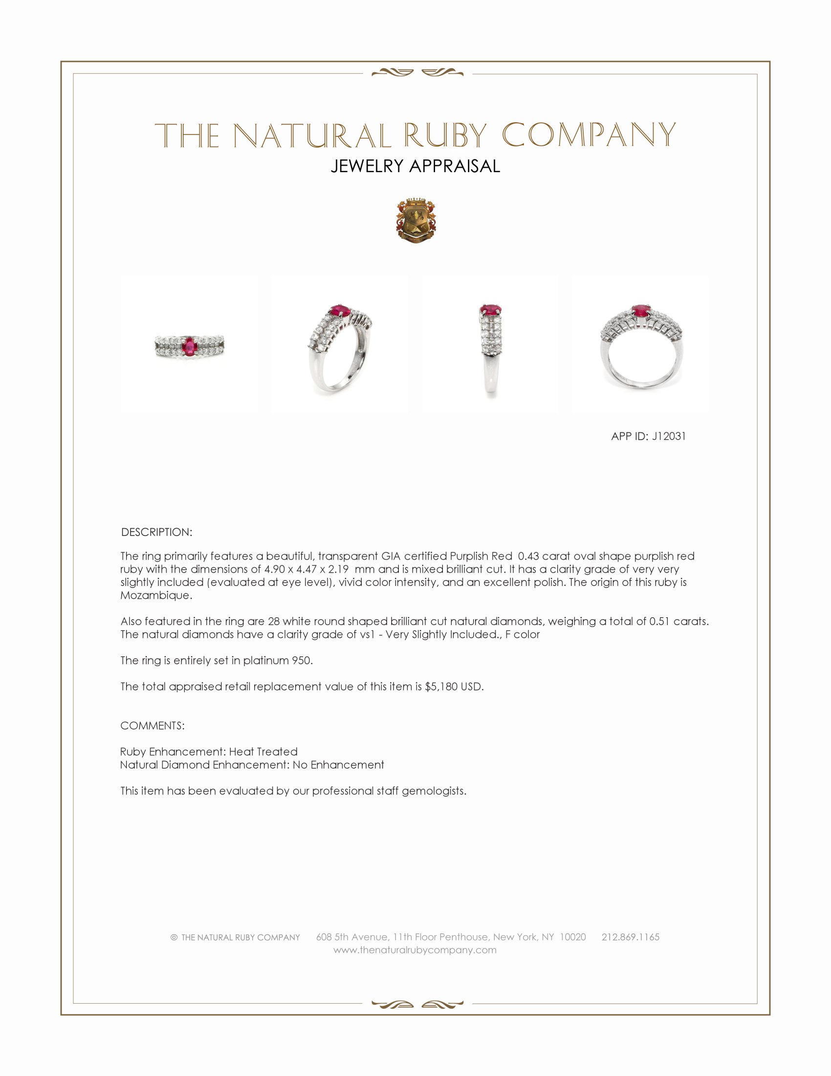 0.43 Ct. Purplish Red Ruby and Natural Diamond Pave Ring, Platinum 950