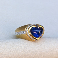 5.96 Ct. Blue Sapphire and Natural Diamond Pave Ring, 18K Yellow Gold Life Style