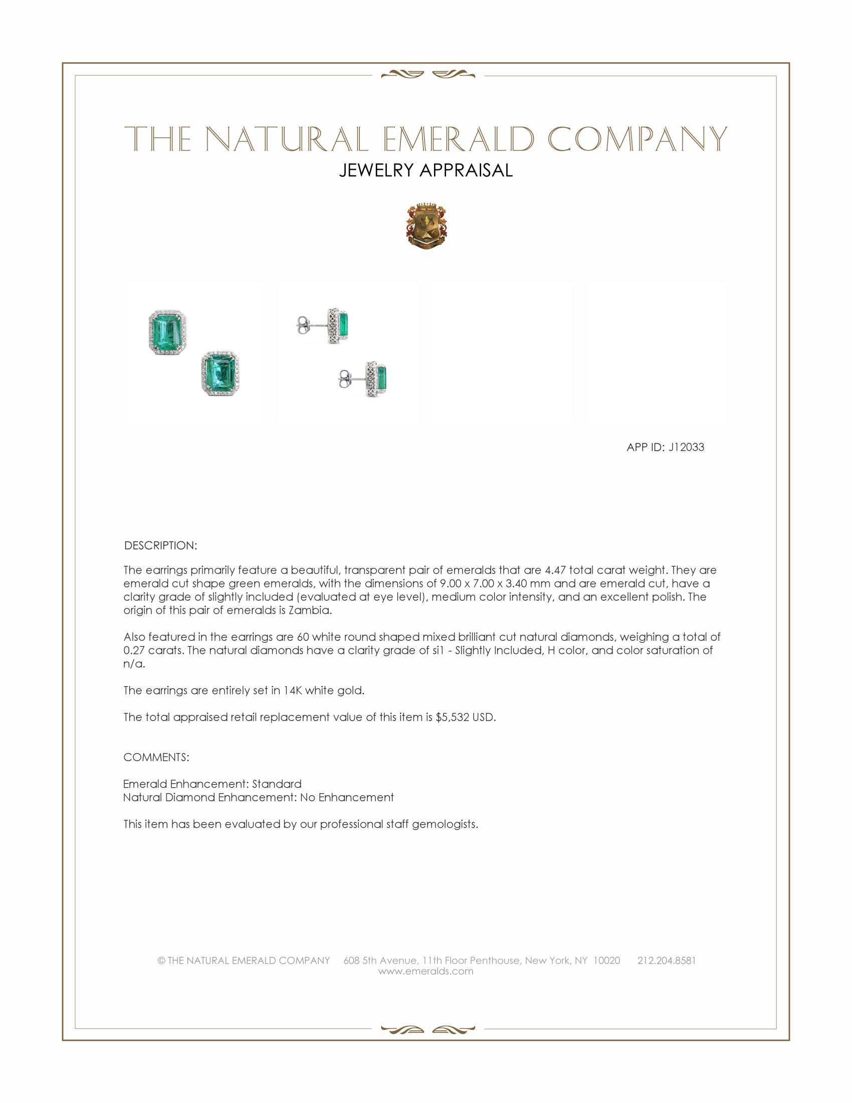 4.47 Ct.Tw. Emerald and Natural Diamond Studs Earrings, 14K White Gold
