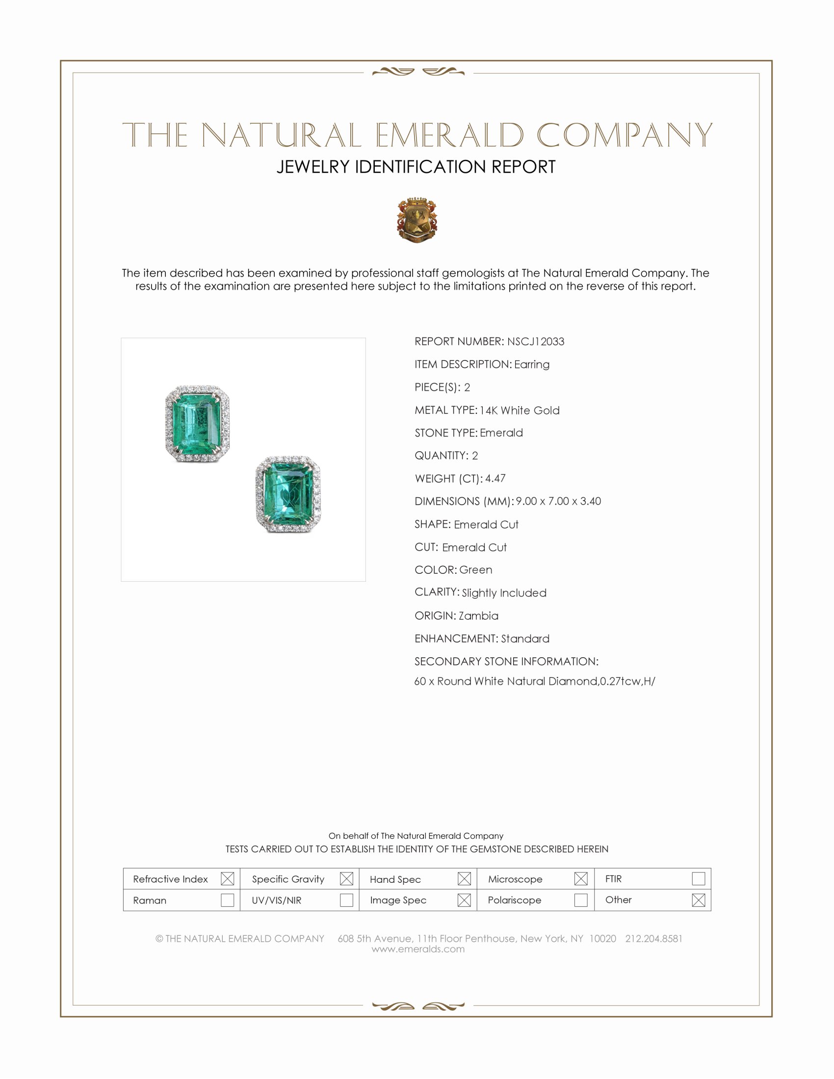 4.47 Ct.Tw. Emerald and Natural Diamond Studs Earrings, 14K White Gold
