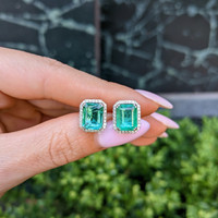 4.47 Ct.Tw.Total Carat Weight Emerald and Natural Diamond Studs Earrings, 14K White Gold Life Style