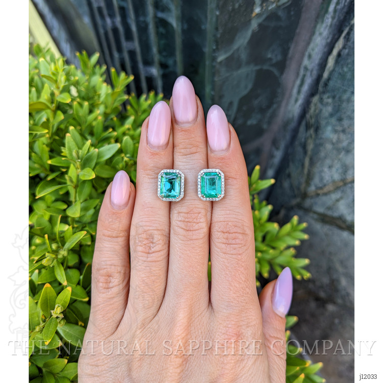 4.47 Ct.Tw. Emerald and Natural Diamond Studs Earrings, 14K White Gold