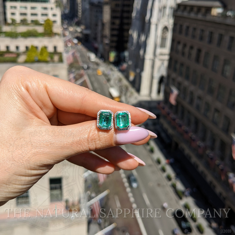 4.47 Ct.Tw. Emerald and Natural Diamond Studs Earrings, 14K White Gold